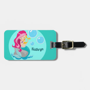 Étiquette À Bagage Mermaid Girl Cute Personnalisé Monogramme Turquois
