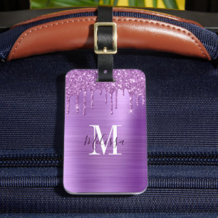 Étiquette À Bagage Métal brossé à Parties scintillant violet monogram