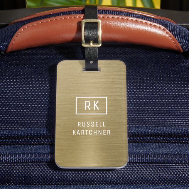 Étiquette À Bagage Métal brossé Or Monogramme moderne (Insitu Rectoal 2)