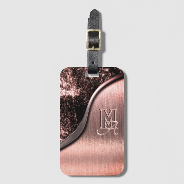 Étiquette À Bagage Métal brossé rose et pierre métallique monogrammé (Devant Vertical)