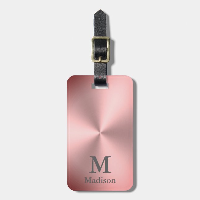 Étiquette À Bagage Métal brossé rose moderne Nom et monogramme (Devant Vertical)