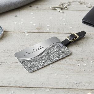 Étiquette À Bagage Métal Personnalisé Paillettes Faux Argent Glamour 