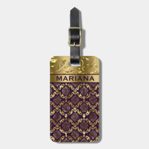 Étiquette À Bagage Métallurgique Violet Et Or Damas Et Fils