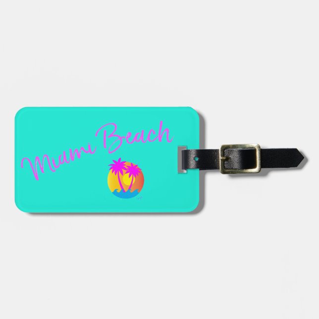 Étiquette À Bagage Miami-Beach-logo-soleil-palmiers-rose (Devant horizontal)
