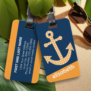 Étiquette À Bagage Mignonne Ancre Pointe Orange avec Nom Personnalisé