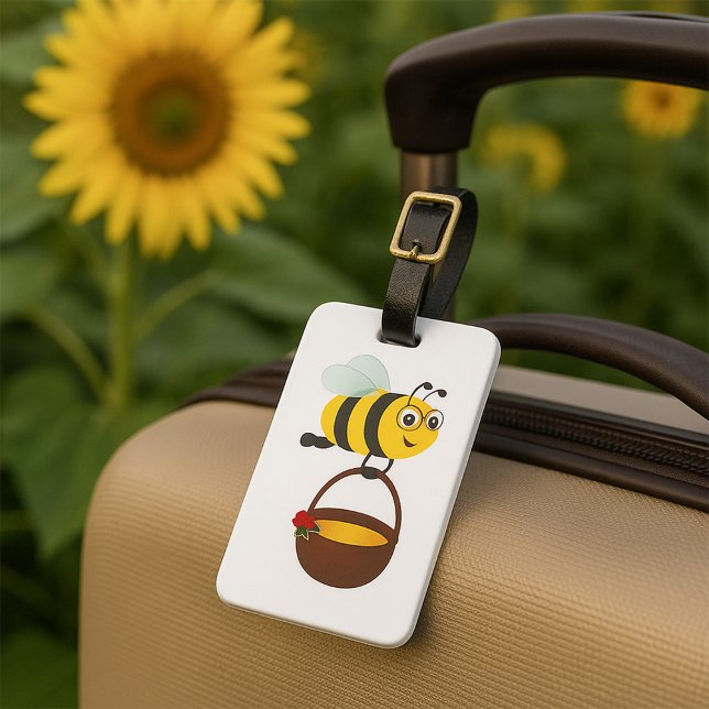 Étiquette À Bagage Mignonne Bee transportant un pot de miel avec fleu (Créateur téléchargé)