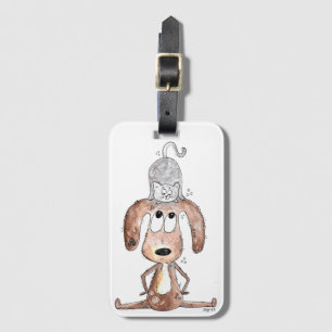 Étiquette À Bagage Mignonne chien Whimsical avec chat sur sa tête