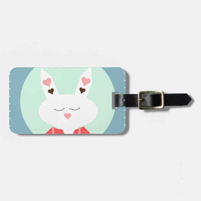 Étiquette À Bagage Mignonne lapin de Pâques blanc aux coeurs roses (Devant horizontal)