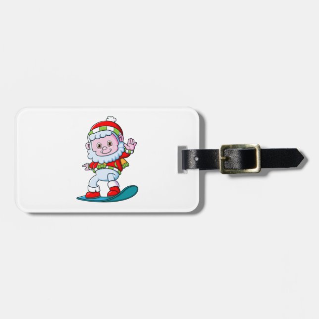 Étiquette À Bagage mignonne yeti en costume père Noël en snowboard (Devant horizontal)