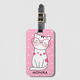 Étiquette À Bagage Mignons blanc Chat rose Polka Motif Monogramme