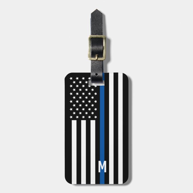 Étiquette À Bagage Mince Ligne bleue Police Monogramme du drapeau amé (Devant Vertical)