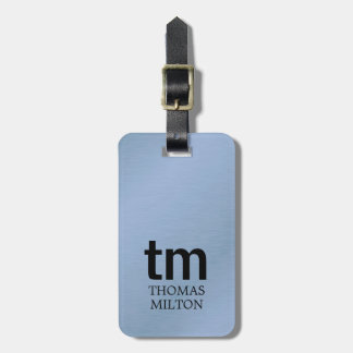 Étiquette À Bagage Mini Faux Métal Bleu Noir Gras Monogramme QR