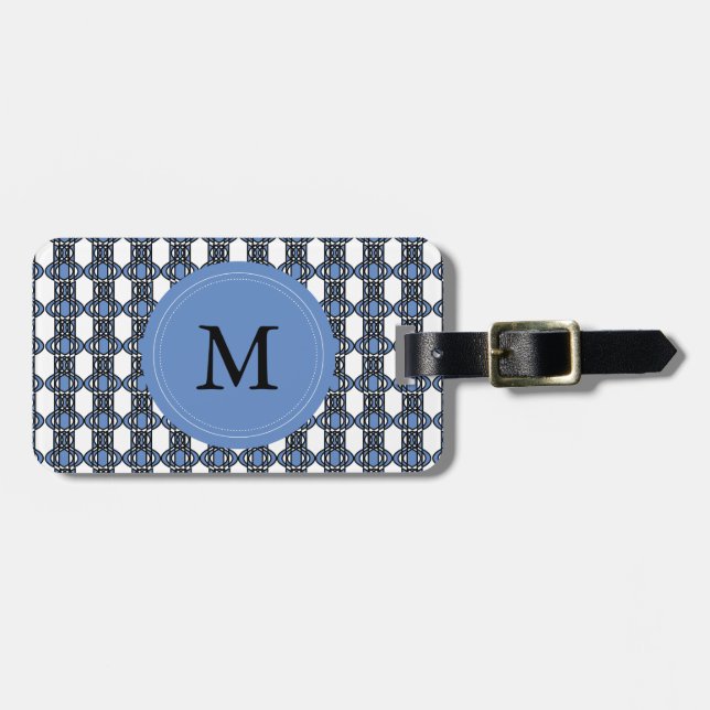 Étiquette À Bagage Mod Retro Monogram Blue Abstrait Scarab Motif (Devant horizontal)