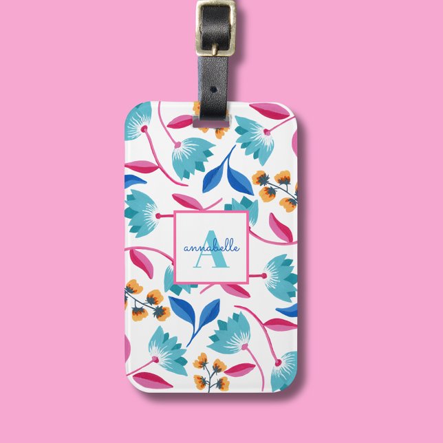 Étiquette À Bagage Modèle floral d'art folklorique monogramme (Abstract botanical folk art floral personalized luggage tag)