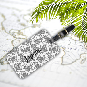 Étiquette À Bagage Modèle floral Rose gris avec Monogramme personnali