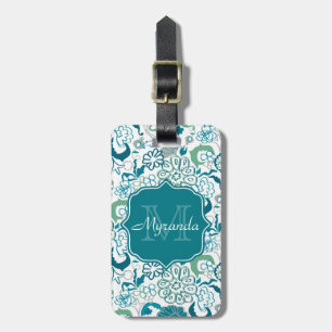 Étiquette À Bagage Modèle Floral Turquoise élégant avec Monogramme et