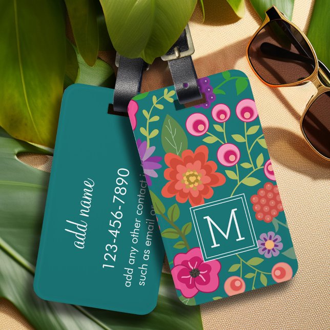 Étiquette À Bagage Modèle Floral Turquoise tendance avec Monogramme p (Personalized luggage tag with retro flower pattern and monogram - add contact information on back)