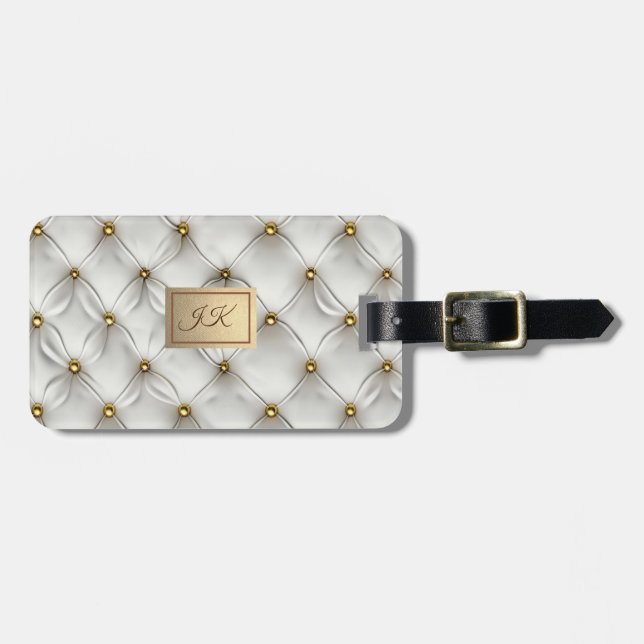 Étiquette À Bagage Modern Elegant White Leather Tufted Gold (Devant horizontal)