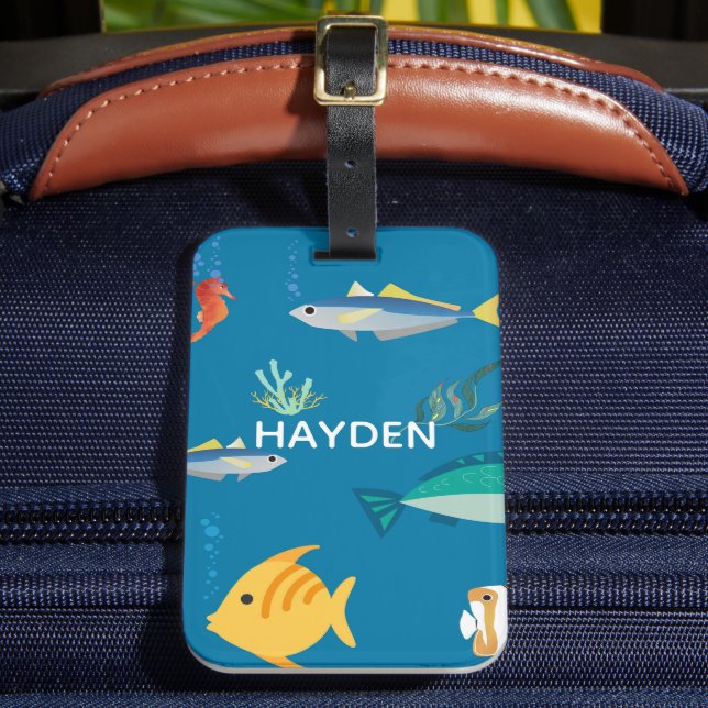 Étiquette À Bagage Modern Fish and Seahorse Blue Personalised (Insitu Rectoal 2)
