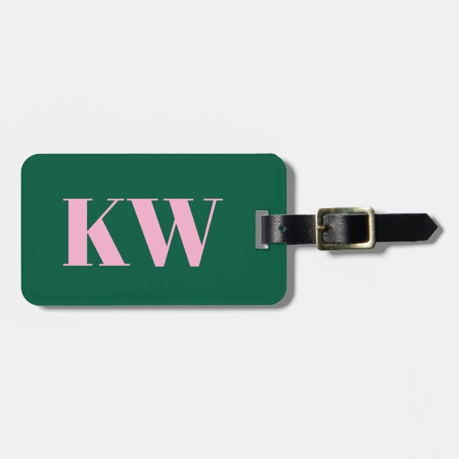 Étiquette À Bagage Modern Pink Green Monogram Initials Personalized (Devant horizontal)