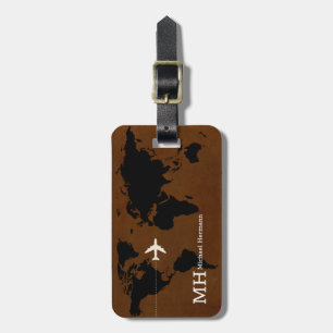 Étiquette À Bagage moderne brun noir Voyage carte du monde personnali