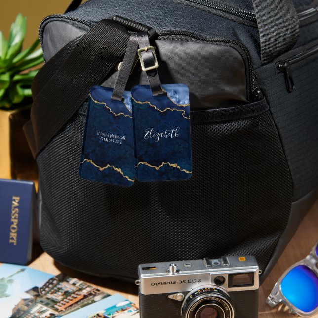 Étiquette À Bagage Moderne Elégant Aquarelle Marbre Géode Bleu Or (Recto & Verso)