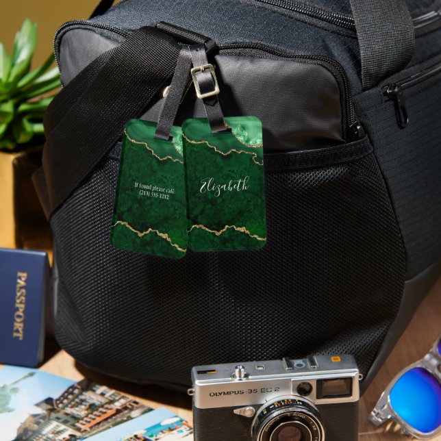 Étiquette À Bagage Moderne Elégant Aquarelle Marbre Géode Vert Or (Recto & Verso)