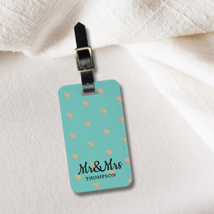 Étiquette À Bagage Moderne Elégant Blue Faux Gold Hearts Mr&Mrs.