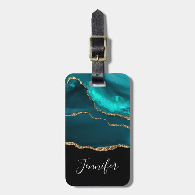 Étiquette À Bagage Moderne et élégant Turquoise Agate & Gold Ribbon s (Devant Vertical)