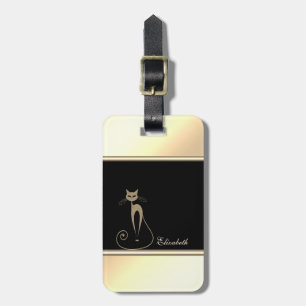 Étiquette À Bagage Moderne Féminin Noir, Or, Chat-Personnalisé