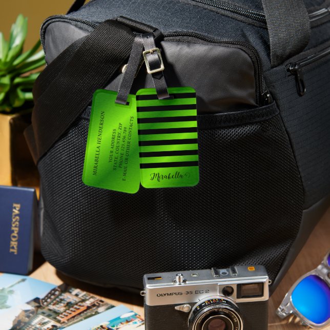 Étiquette À Bagage Moderne Monogramme Lumineuse Lime Vert (Recto & Verso)