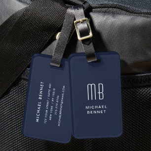 Étiquette À Bagage Moderne Monogramme Marine Bleu