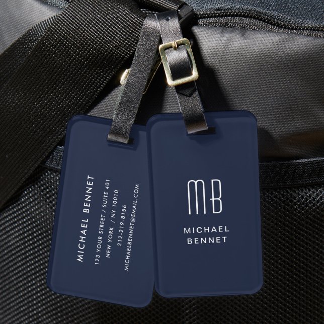 Étiquette À Bagage Moderne Monogramme Marine Bleu (Modern Monogrammed Navy Blue Luggage Tag)