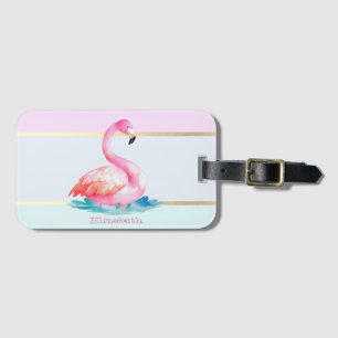 Étiquette À Bagage Moderne Pastel rayé, Flamants roses roses