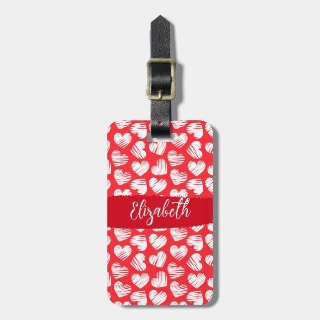 Étiquette À Bagage Moderne Rouge et Blanc Doodled Heart Valentine Nom (Devant Vertical)