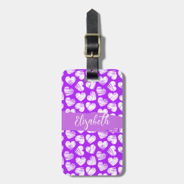 Étiquette À Bagage Moderne violet blanc Doodé Coeur Valentine Nom (Devant Vertical)