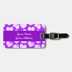 Étiquette À Bagage Moderne violet blanc Doodled Heart Valentine's Day