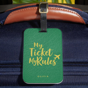 Étiquette À Bagage Mon Billet Mes Règles Monogramme Vert Printemps