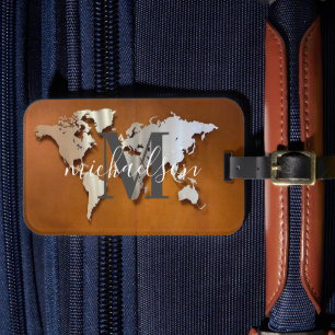 Étiquette À Bagage Monde Carte Voyageur Personnalisé Nom Monogramme L