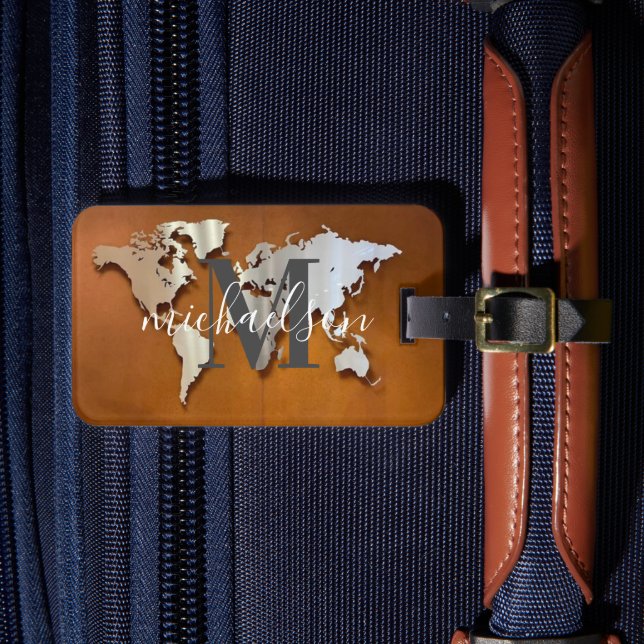 Étiquette À Bagage Monde Carte Voyageur Personnalisé Nom Monogramme L (Insitu Rectoal 4)