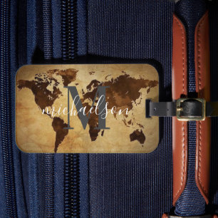Étiquette À Bagage Monde Carte Voyageur Personnalisé Nom Monogramme L