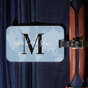 Étiquette À Bagage Monde Voyageur Dusty Blue Map Personnalisé Nom Mon