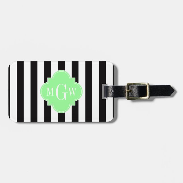 Étiquette À Bagage Monnaie blanche noire Grn Quatrefoil 3 Monogramme (Devant horizontal)