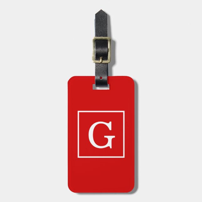 Étiquette À Bagage Monogram initial de Red White Framed (Devant Vertical)
