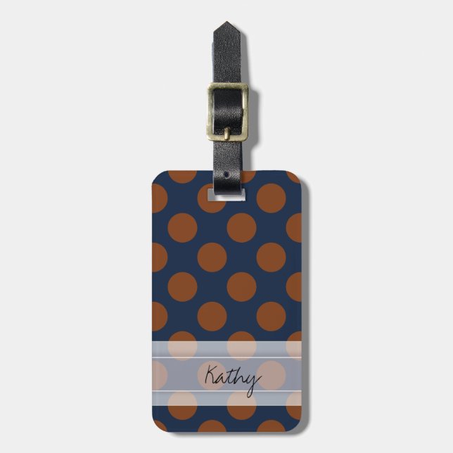 Étiquette À Bagage Monogram Marine Blue Brown Chic Polka Motif (Devant Vertical)