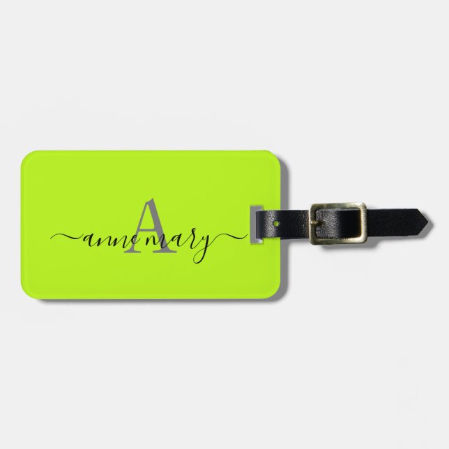 Étiquette À Bagage Monogram Neon Green Nom personnalisé initial Cadea (Devant horizontal)