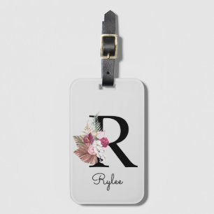 Étiquette À Bagage Monogram Pink Boho Girly Floral Initial R