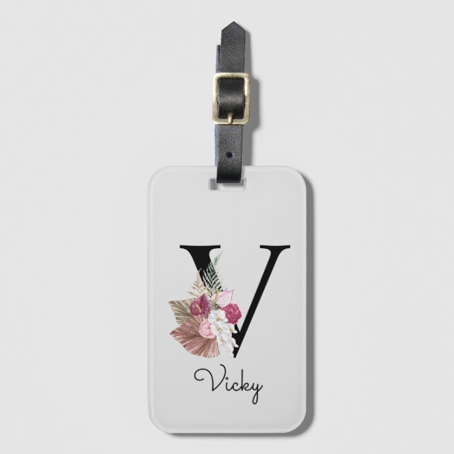 Étiquette À Bagage Monogram Pink Boho Girly Floral Initial V (Devant Vertical)