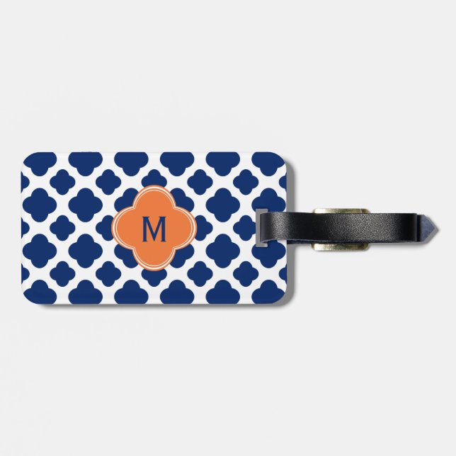 Étiquette À Bagage Monogram Royal Blue Quatrefoil Motif avec orange (Dos horizontal)