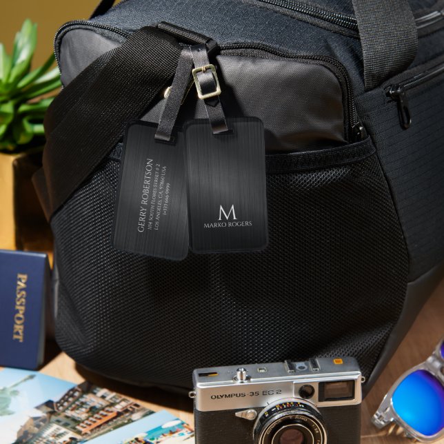 Étiquette À Bagage Monograme Black Gray Brushed Aluminum Texture (Recto & Verso)